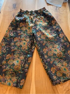 Anthropologie Black Floral Elastic-Waist Crop Pants